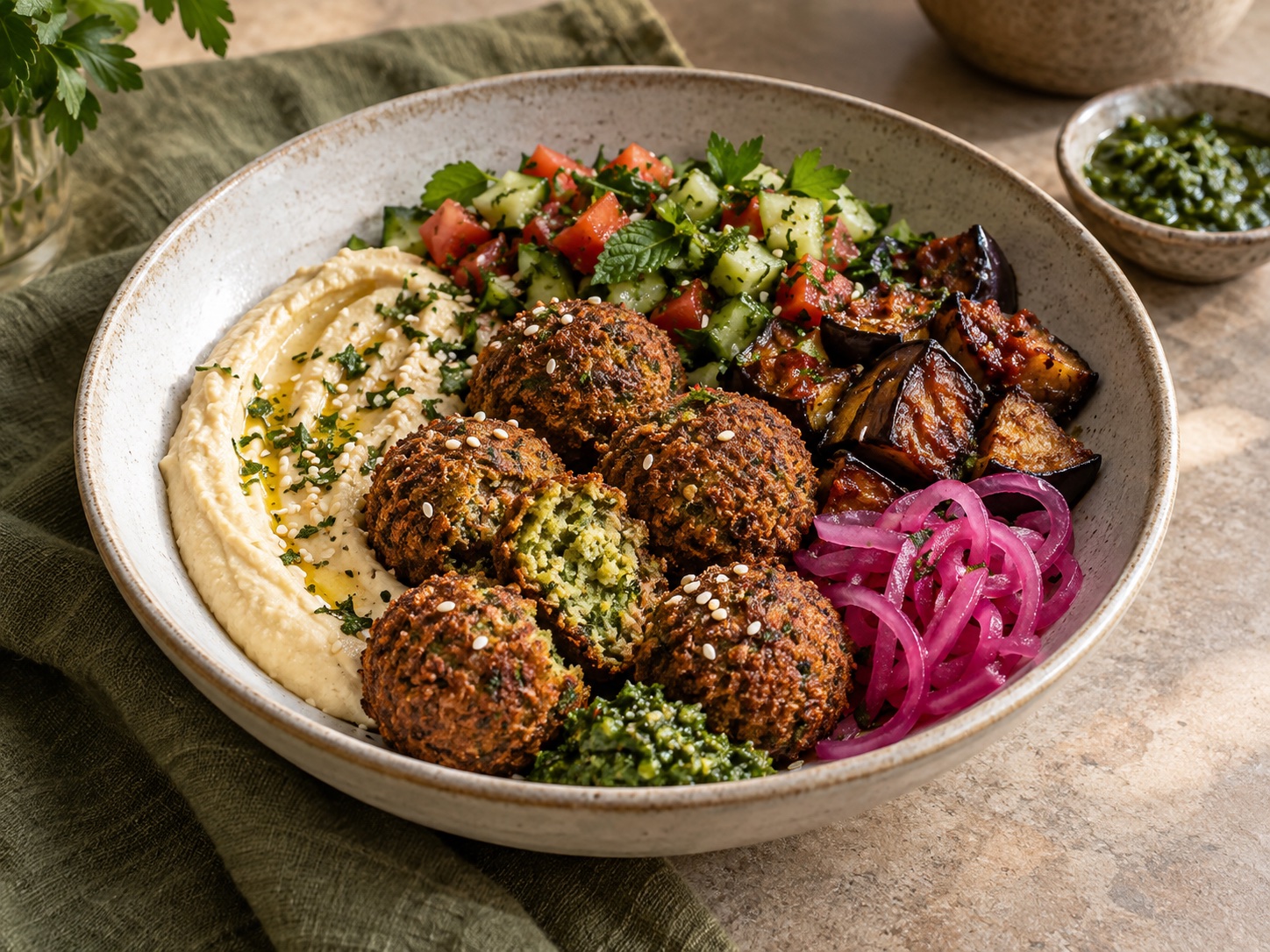 Falafel s hummusom a pečeným baklažánom